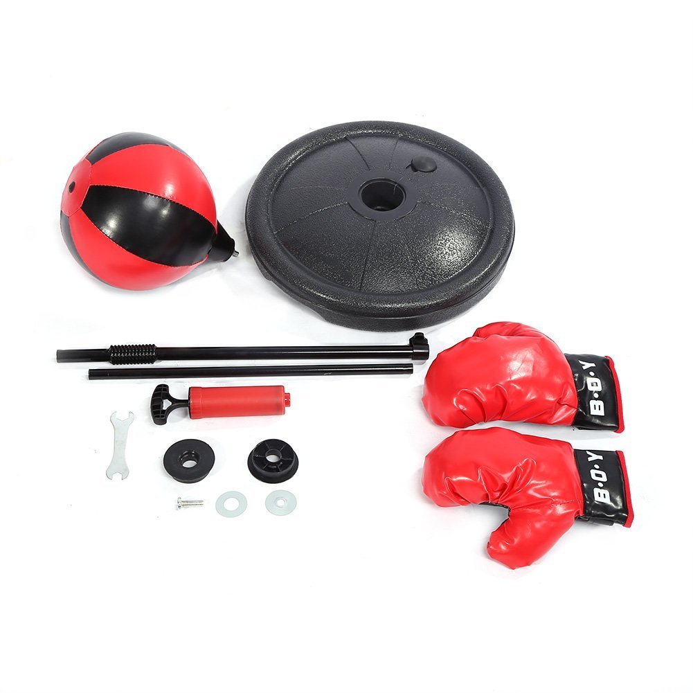Yosoo El Profesional Conjunto de Peras de Velocidad para Adultos y Niños, con Guantes de Juego de Boxeo y Soporte Altura Ajustable (Rojo y Negro para Niños, Altura Ajustable 70-105 cm)