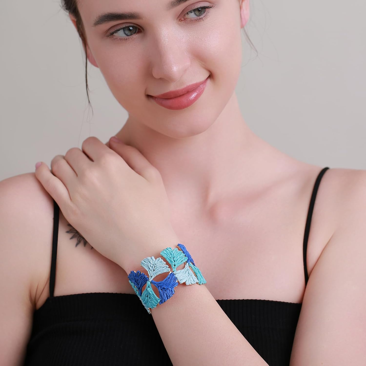 Women's Raffia Cuff Bracelet with Ginkgo Leaf, Handmade Summer Beach Jewelry, Vibrant Gradient Colors, Adjustable Open Cuff Design - Image 2