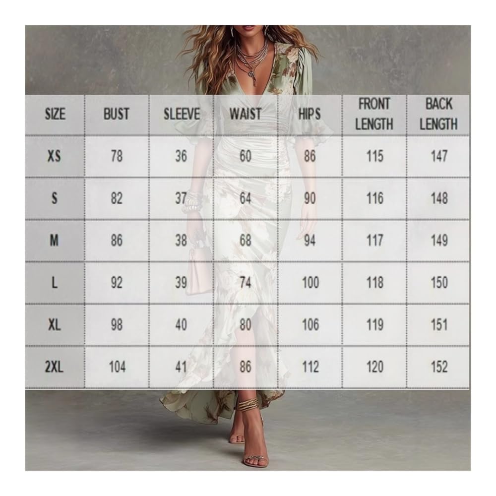 Abito Lungo Maxi Donna Floreale Raso e Chiffon, V con Volanti Vita arricciata per ospite Matrimonio Cocktail e Serata