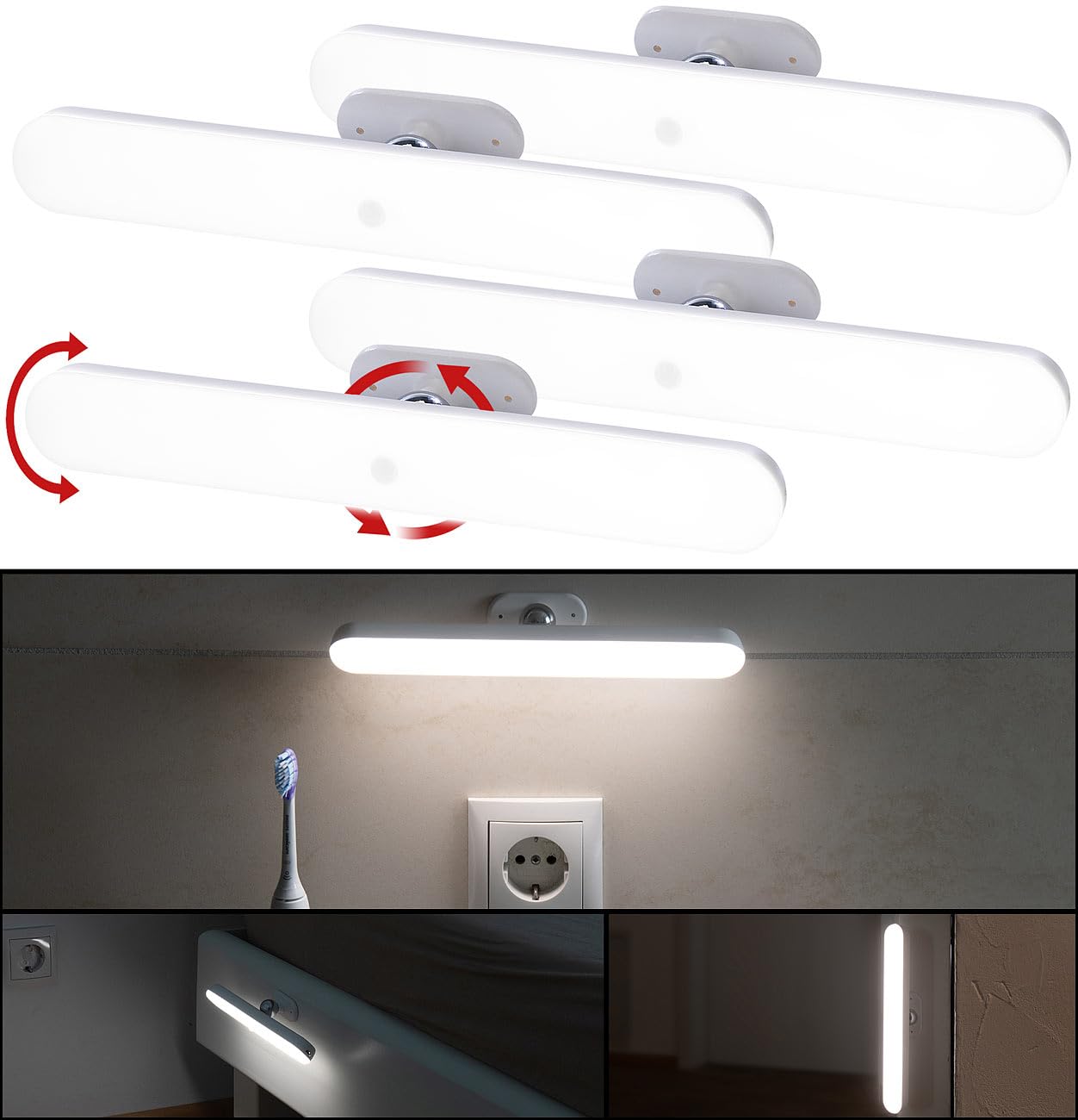 Lunartec LED-Leiste Küche: 4er-Set schwenkbare Akku-LED-Lichtleisten, PIR, 120 lm, tageslichtweiß (Schrankleuchte USB, Möbelleuchte, Möbel)
