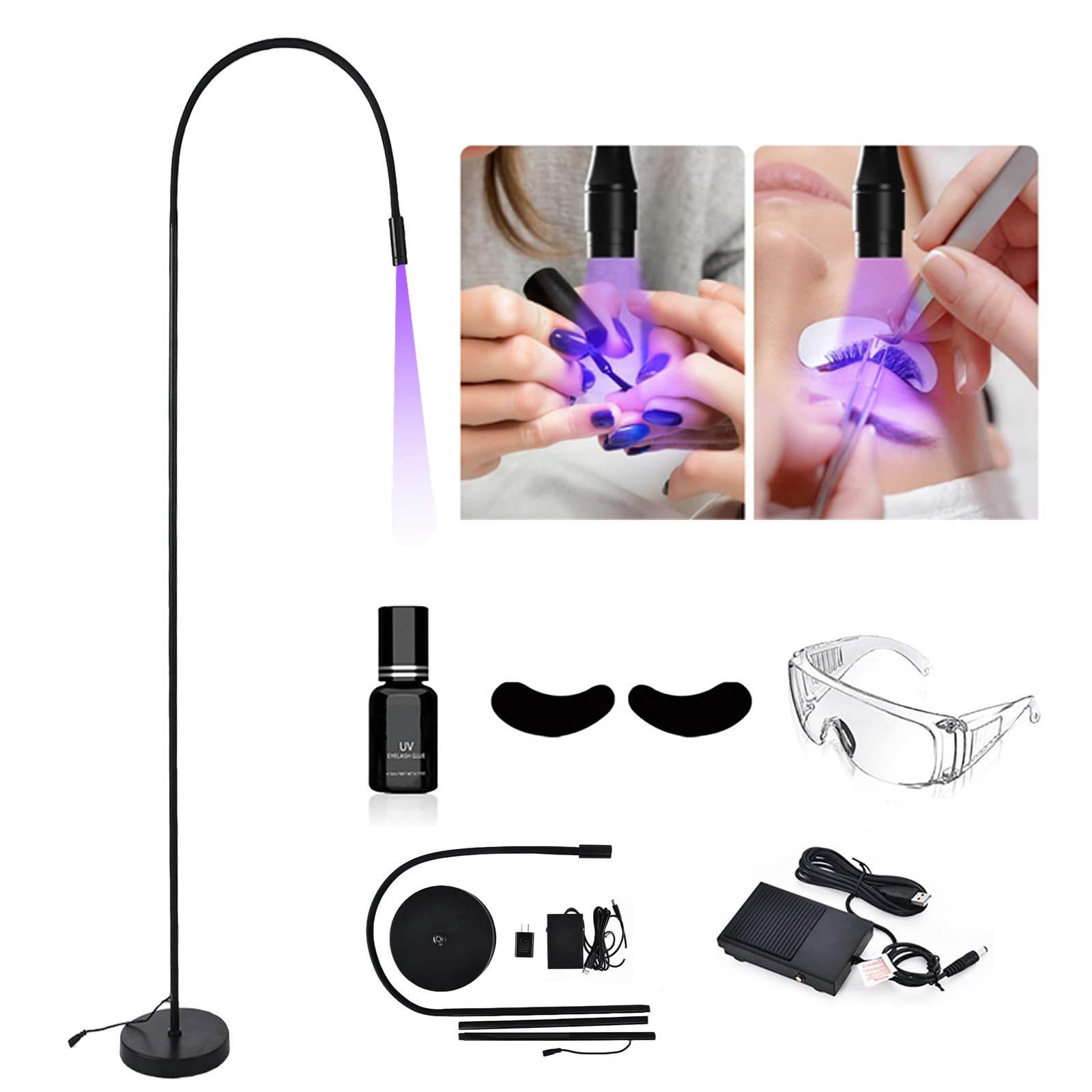 UV LED Light Eyelash Extension System LED Eyelash Lamp, 5W UV Lash Nail Tech Glue Lamp with Foot Pedal Control, Height 110cm, 395-400nm, Glue Cured in 1-3 Seconds, UV Glue Curing Lamp,Black