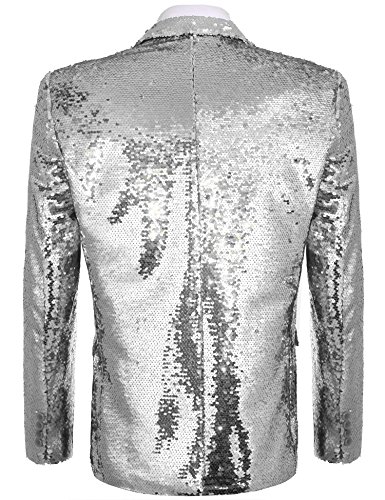 Jinidu Shiny Sequins Suit Jacket Blazer One Button Tuxedo For Party, Wedding, Banquet, Prom, Nightclub Silver Grey #TOP2