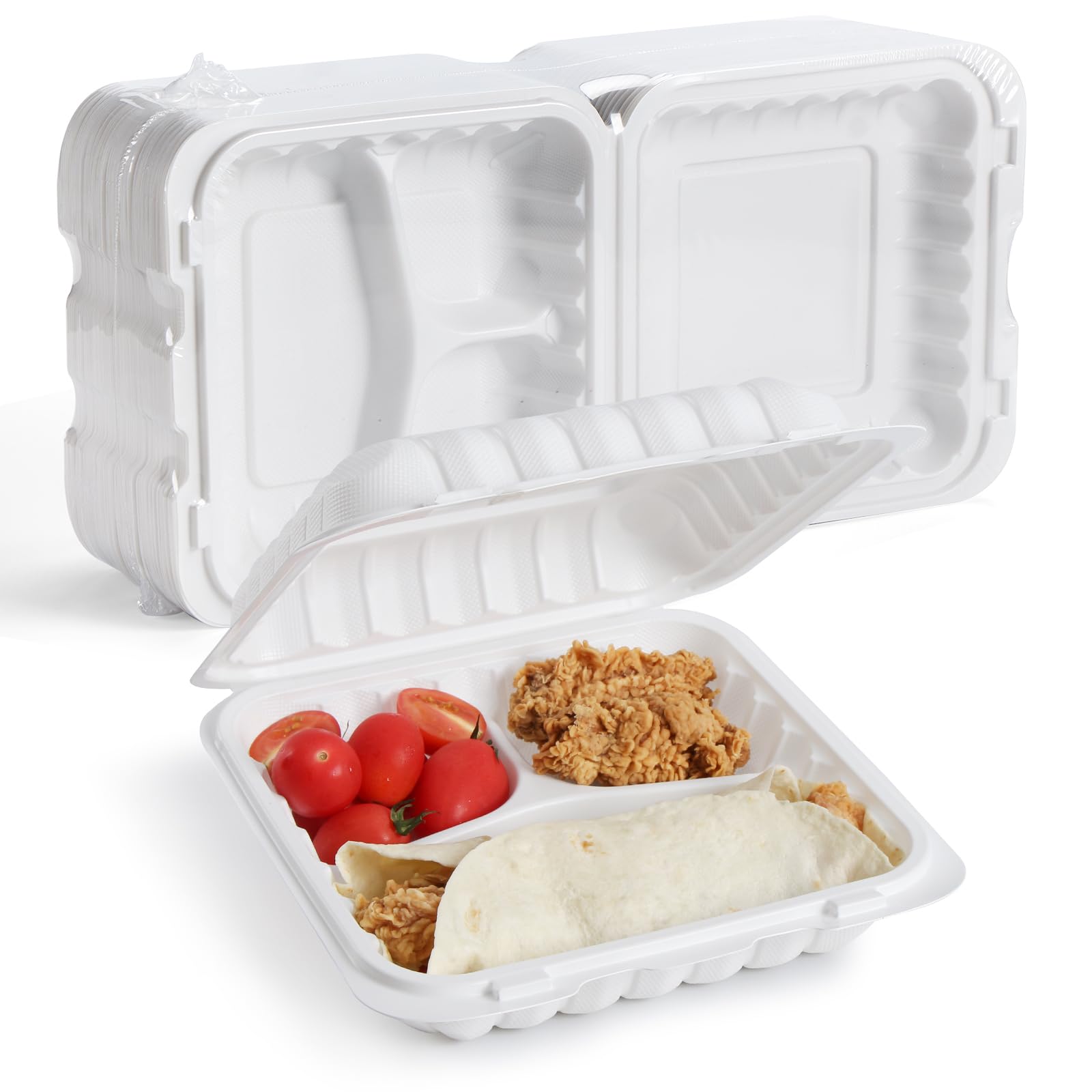 YANGRUI Clamshell Food Containers, 100 Pack Large Capacity 9 Inch 41 OZ Clean Film Package Biodegradable Meal Prep Container BPA Free Microwave Freezer Safe 3 Compartments Plastic To Go Containers