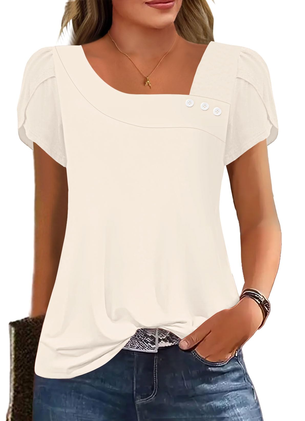 Womens Petal Sleeve Tops Summer Trendy T Shirt Casual Loose Square Neck Button Blouse Tees
