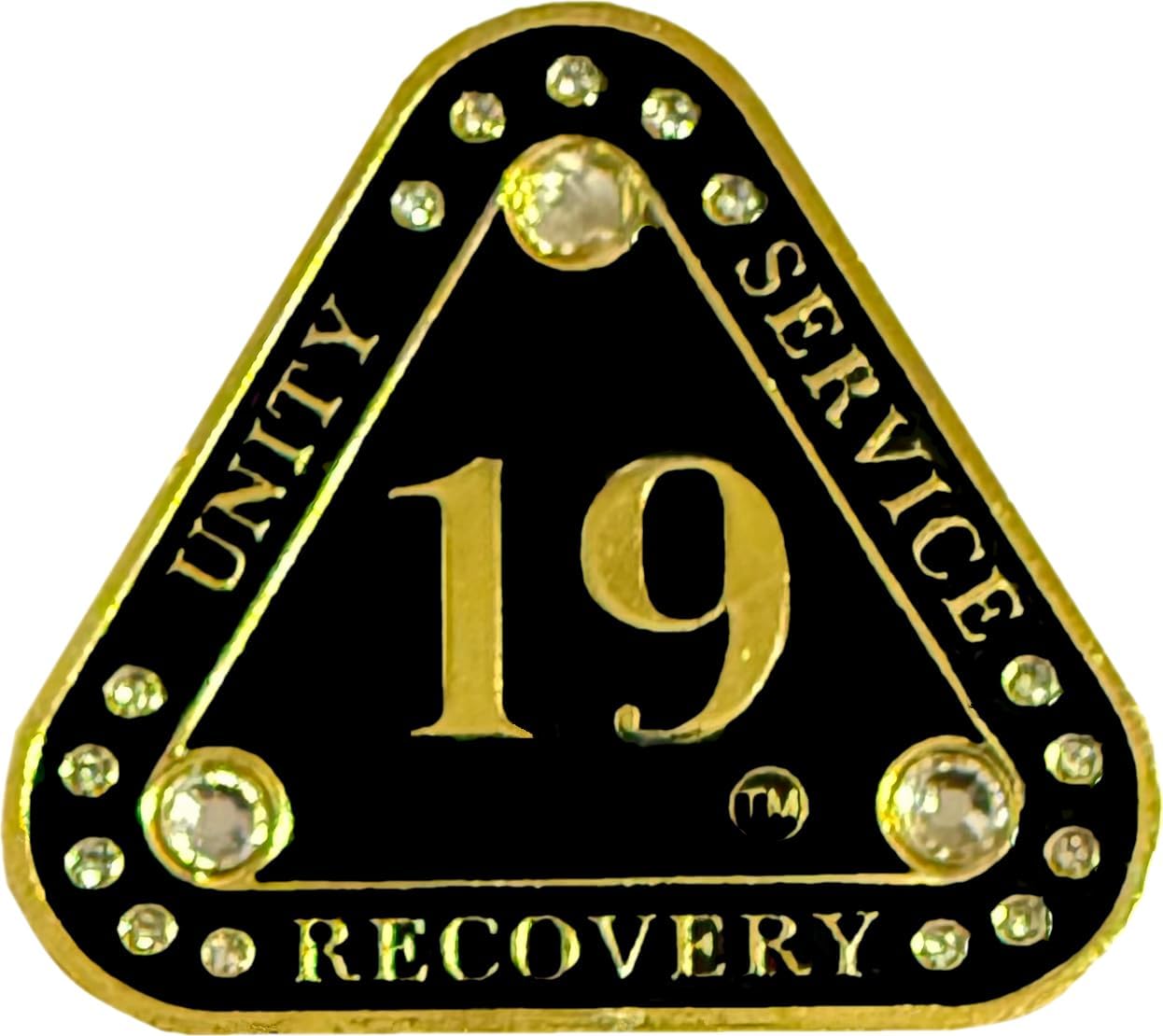 (1-55 Years) AA 38-Year "Midnight Crystals" Triangle Coin - Alcoholics Anonymous Medallion, AA Sobriety Medallion, Triangular Sobriety Chip, Clear Crystals, Golden, Black Rainbow Glitter
