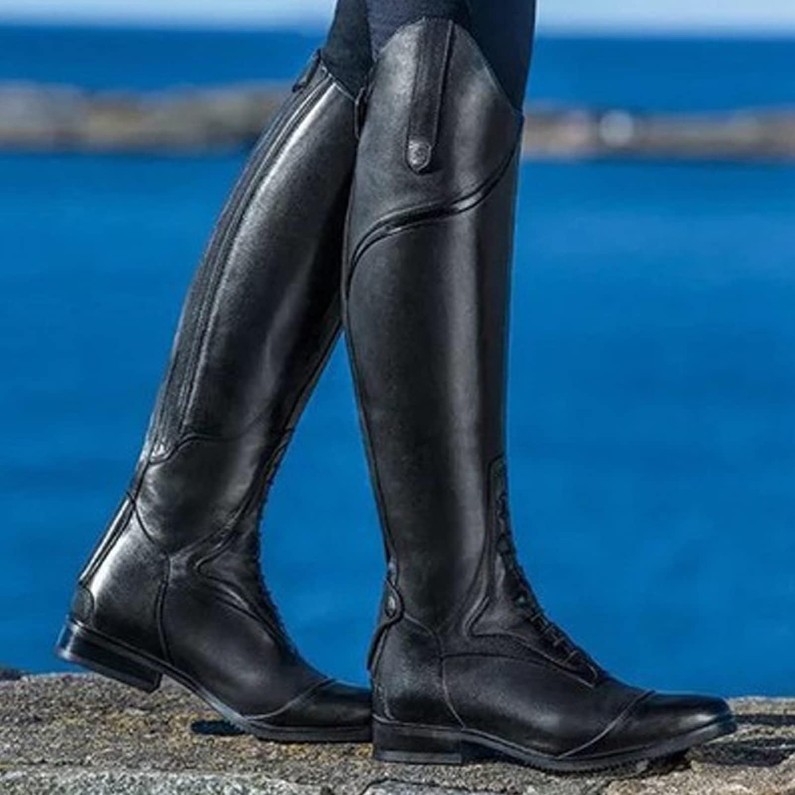 Zozulialia High Boots Horse Knee Rider Leather Shoes Equestrian Long Bootcut Rider Wide Shaft Medieval Costume Cosplay Renaissance Theme for Women,Black,43