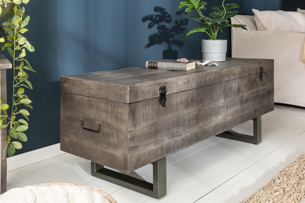 invicta INTERIOR Industrial Truhenbank Factory LOFT 115cm Mangoholz grau Sitzbank mit Stauraum Holzbank Truhe