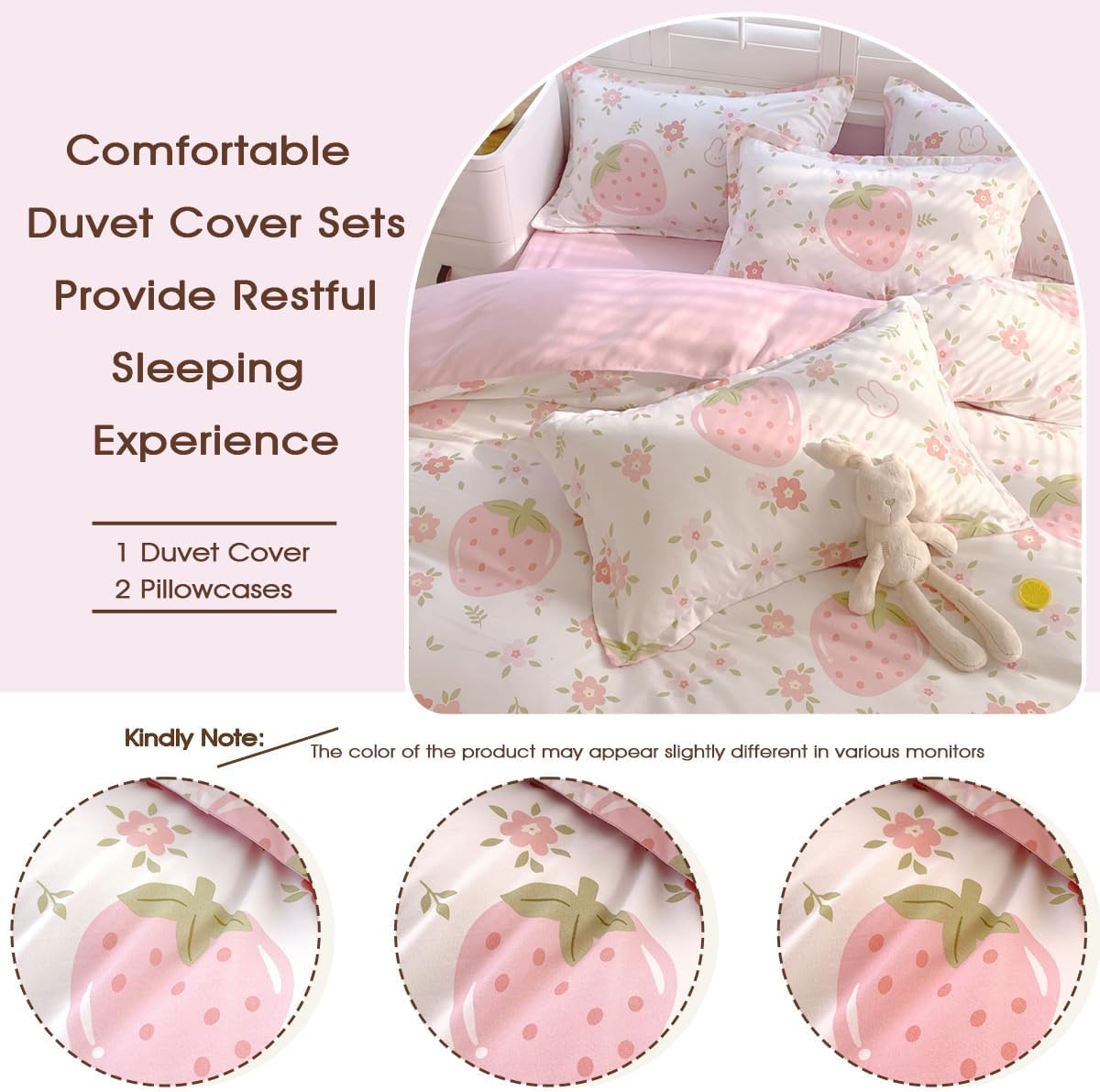 SOULZZZ White Pink Duvet Covers Full Size - Pink Strawberry Bedding Full Comforter Sets 3 PCS Valentine's Day Gift Duvet Cover & 2 Pillow Shams (No Comforter)