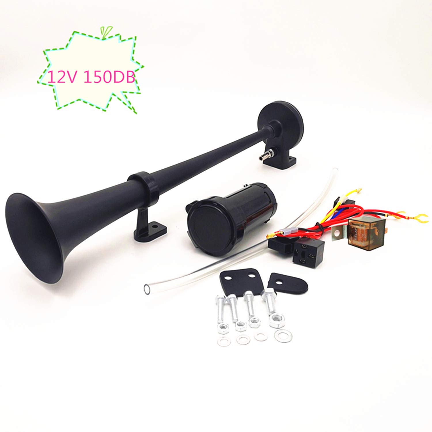 Car Horn Bocina de aire para coche con compresor de bocina de aire de 150db Bocina Air para camión 45cm Cromo Zinc Negro Trompeta simple para cualquier coche de 12V car camión moto etc