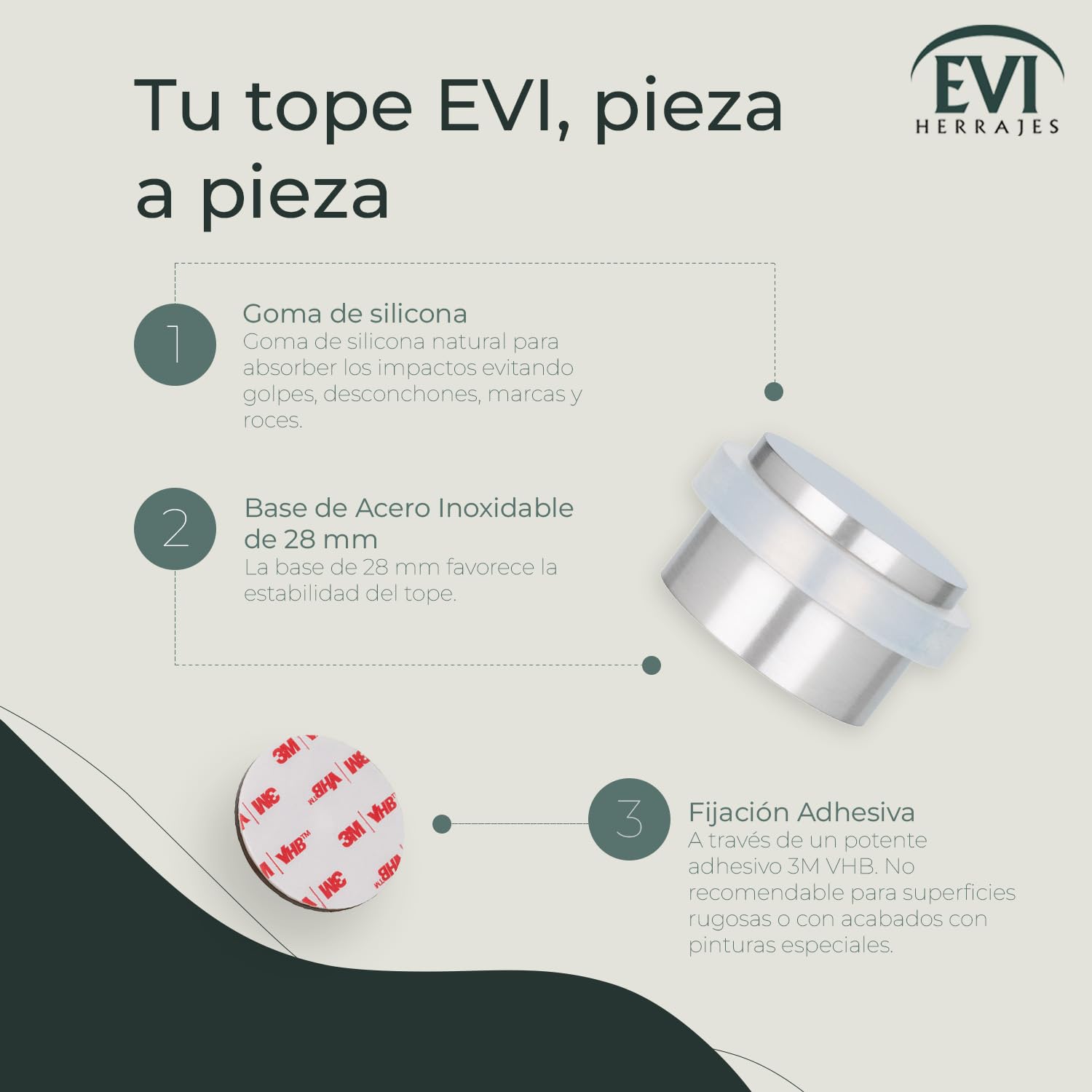 Bas De Porte | Butée De Porte Adhésive | 24 X 20 Mm | Base Filetée | Caoutchouc Blanc | Laiton Evi Herrajes