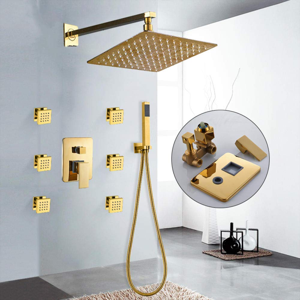 ASerZenith Gold Bathroom Shower Faucet Gulden Polished Bath Faucet Tripel Valve Mixer Water Taps W Body SPA Massage Jets Nozzle-10 Inch(8In)