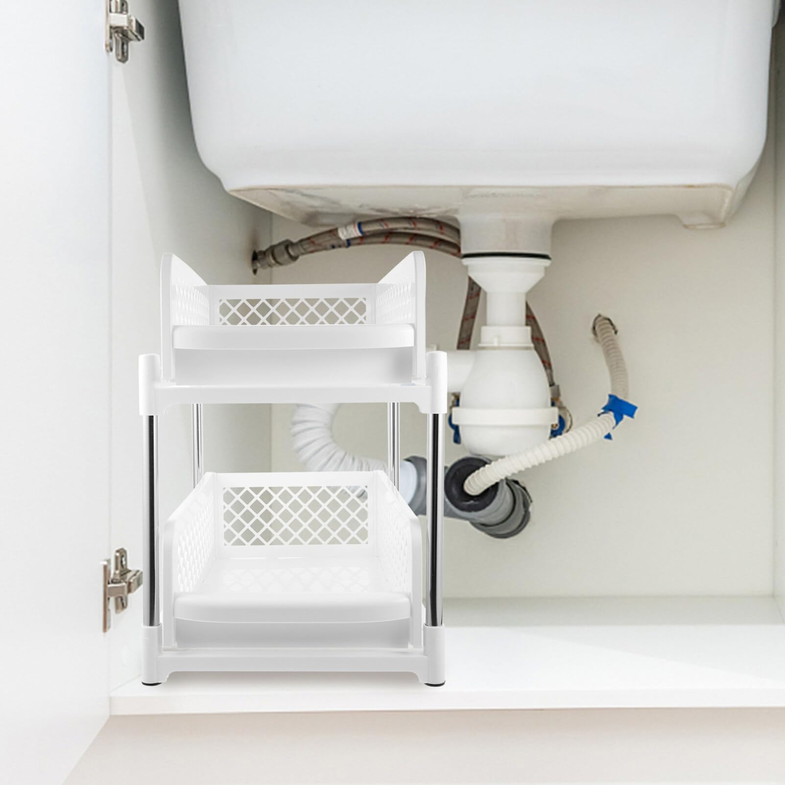 Organizer Estraibile a 2 Livelli Bianco per Mobiletto Bagno Sotto Lavandino