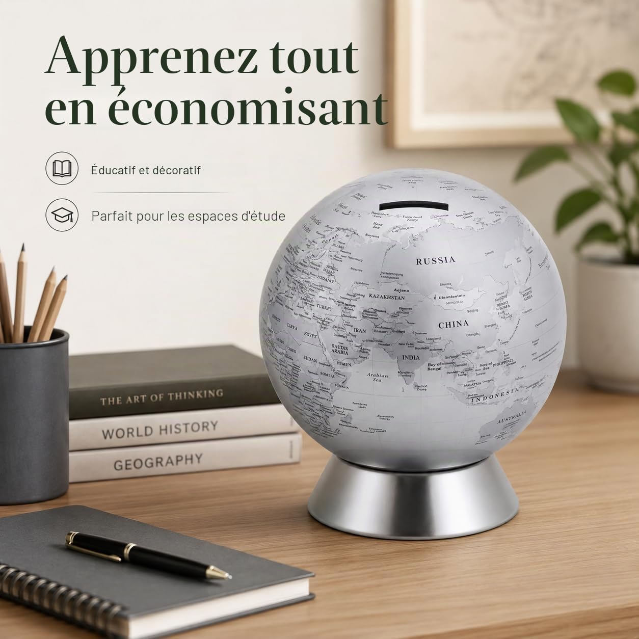 Exerz Globe Terrestre Tirelire diamètre 16cm - Carte du Monde en Anglais - Contemporain en métal - Argent
