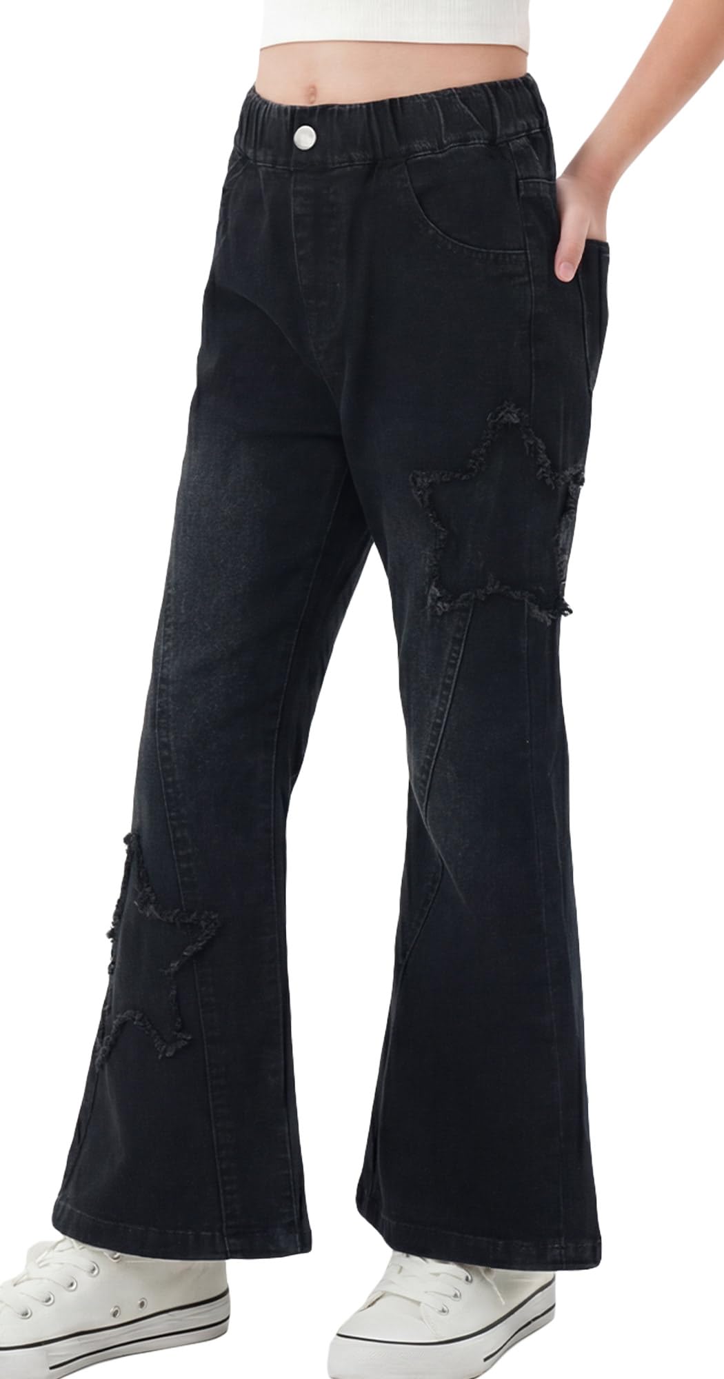 Maeau Jeans à Jambe Évasée étoile pour Fille, Mode Pantalon Flare Élastique, Jeans Denim Slim Extensible Décontracté, avec Poche, Doux Confort, Printemps L'été Automne, Taille 120-170/4-14 Ans