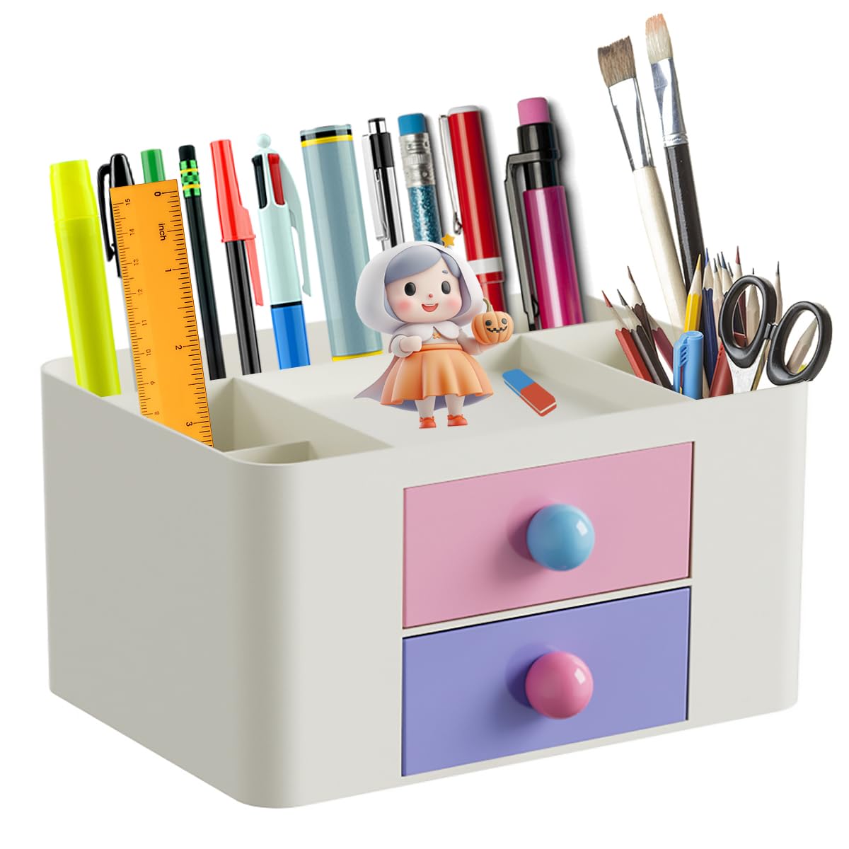 Wlevzzor Organizador de escritorio de 7 rejillas con cajón, organizador de mesa de plástico multifuncional y soporte para bolígrafos para escuela, oficina y hogar