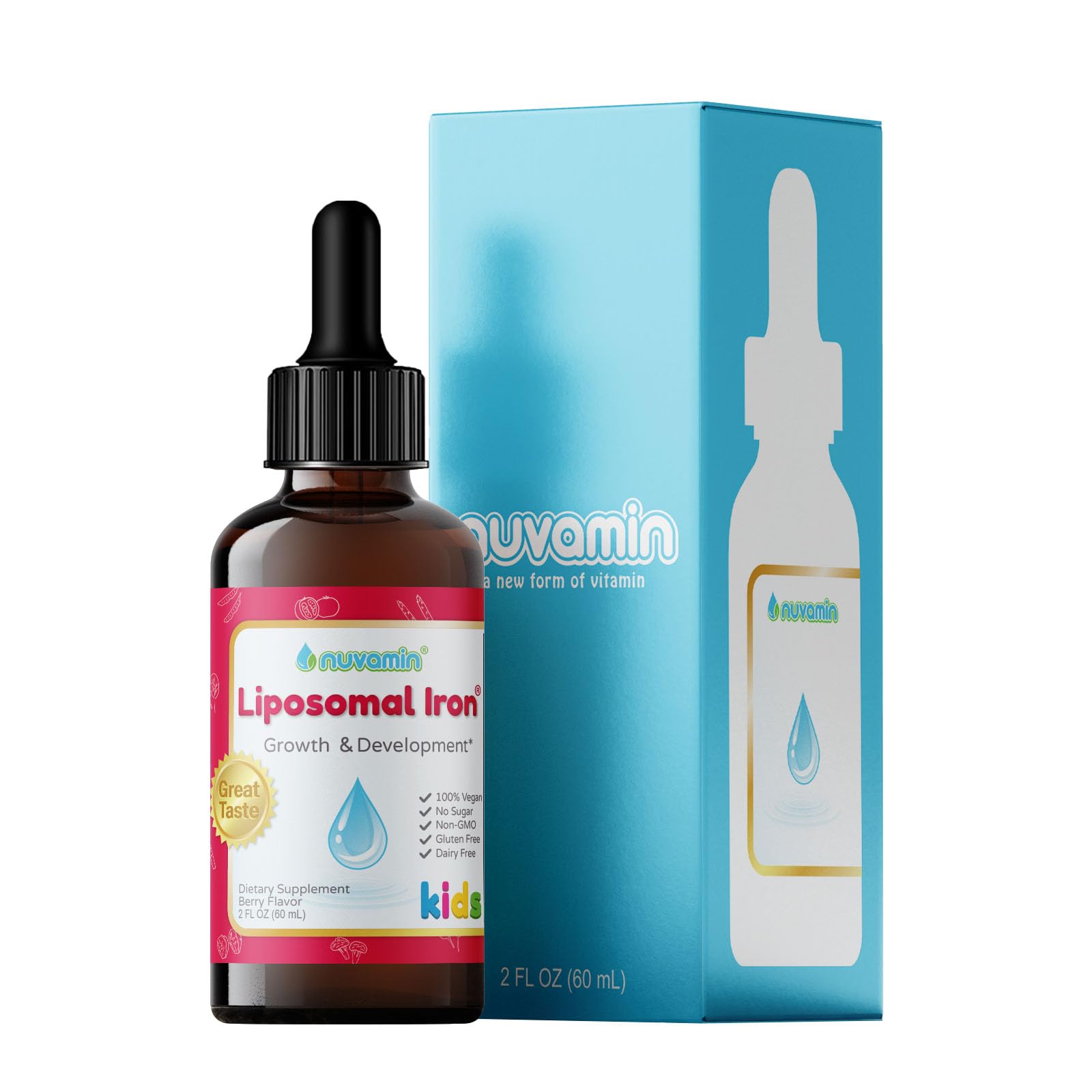 Nuvamin – Liquid Liposomal Iron Drops for Baby, Toddlers, Kids, & Adults, 2Fl.Oz (60ml), 120 Daily Serving. Great Taste - All Natural - Vegan - No Metallic Aftertaste, Berry Flavor