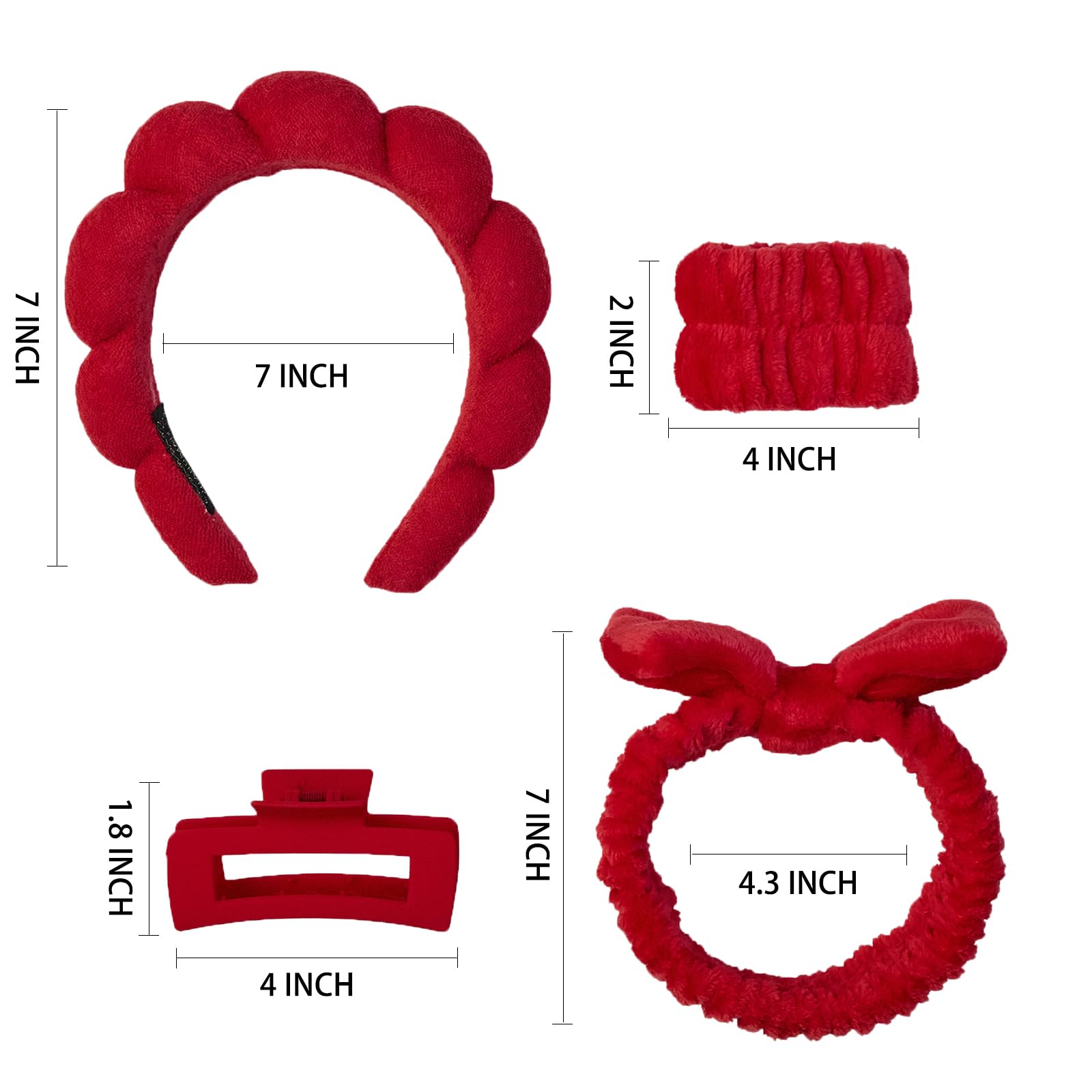 7 Pcs Spa Set, Facial Headband and Wristband Set, Skincare Accessories, College Style Girl Idea Gifts, Hair Accessories for Women and Girls（Red）
