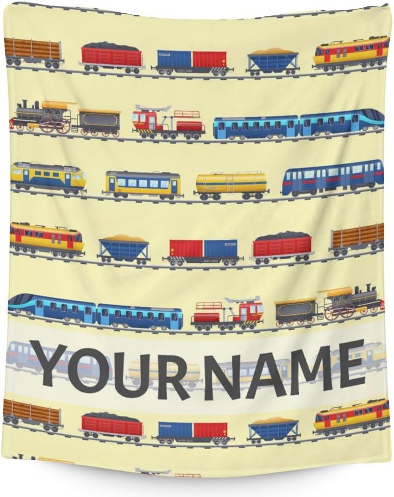 Personalized Train Blanket with Name - Soft, Fuzzy & Warm - 60"x80" Twin Size Blanket for Bed, Couch & Living Room - White Cute Throw Gifts for Boys