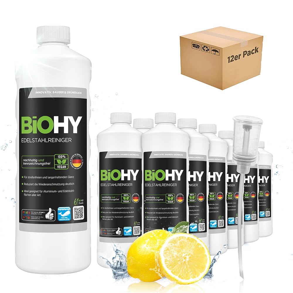 BiOHY Limpiador de acero inoxidable (12 botellas de 1 litro) + Dosificador | Cuidado para un brillo sin rayas | limpia la cocina, las ollas o la parrilla | Gastronomía y Hogar (Edelstahlreiniger)