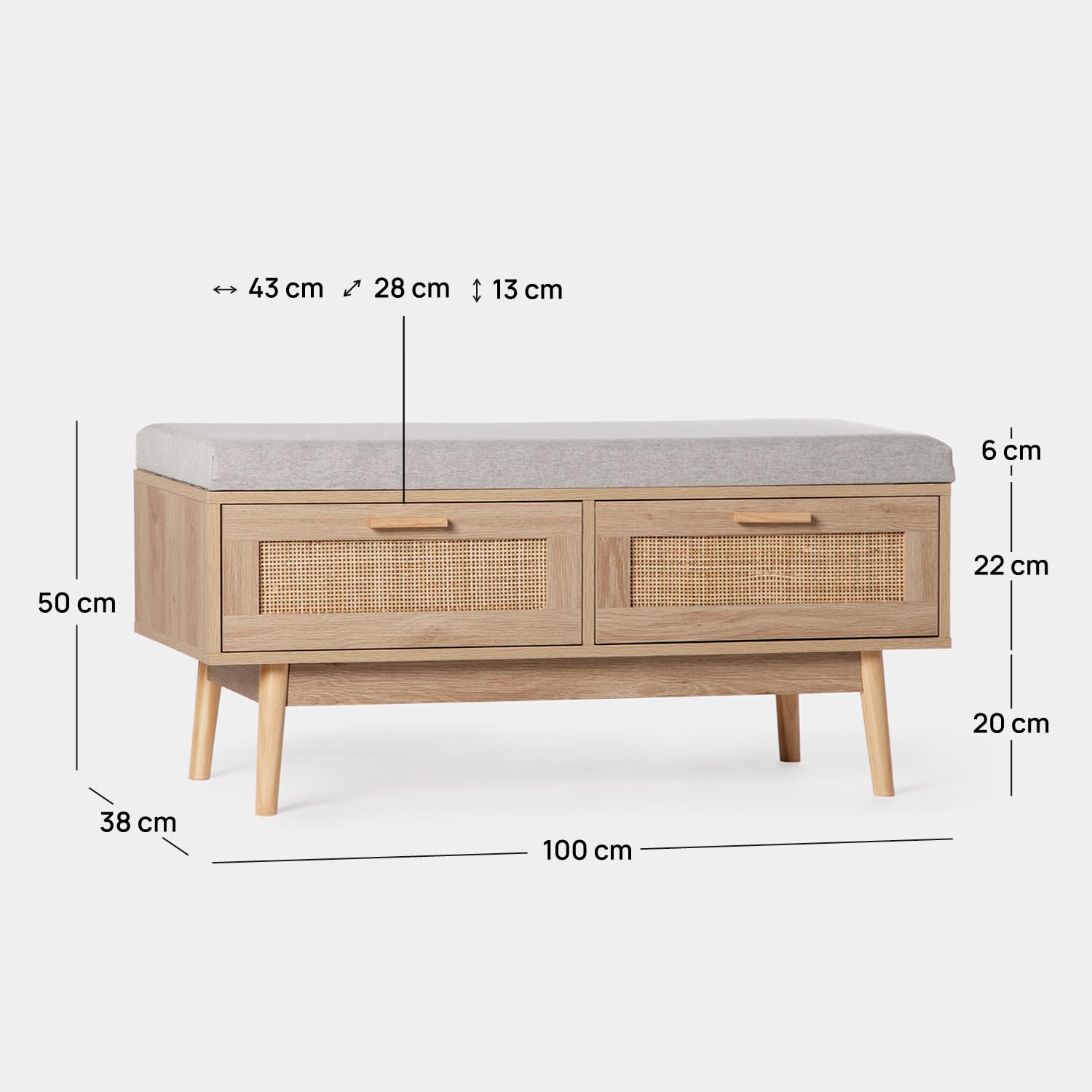 KLAST Banc en Bois et Rotin Naturel avec Coussin Tahiti Comprend Deux Tiroirs et Apporte Une Touche Naturelle et Confort à Tout Espace
