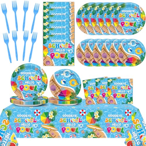 Goodbye School Hello Pool Tableware Set for Kids Class End of Schools Year Theme Supplies Summer School's Out Plates Napkins Tablecloths Serves 24 Guests Graduation Preschool Party Favors
