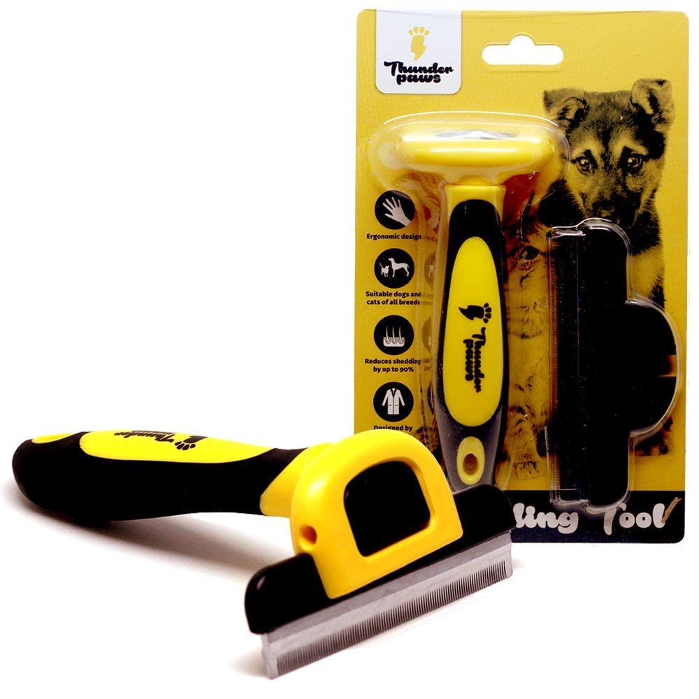 Thunderpaws Peine Profesional para Mascotas, Herramienta de Cuidado para Perros, D-Shedz para Razas de Perros, Gatos con Pelo Corto o Largo, Pequeño, Mediano y Grande (Amarillo)