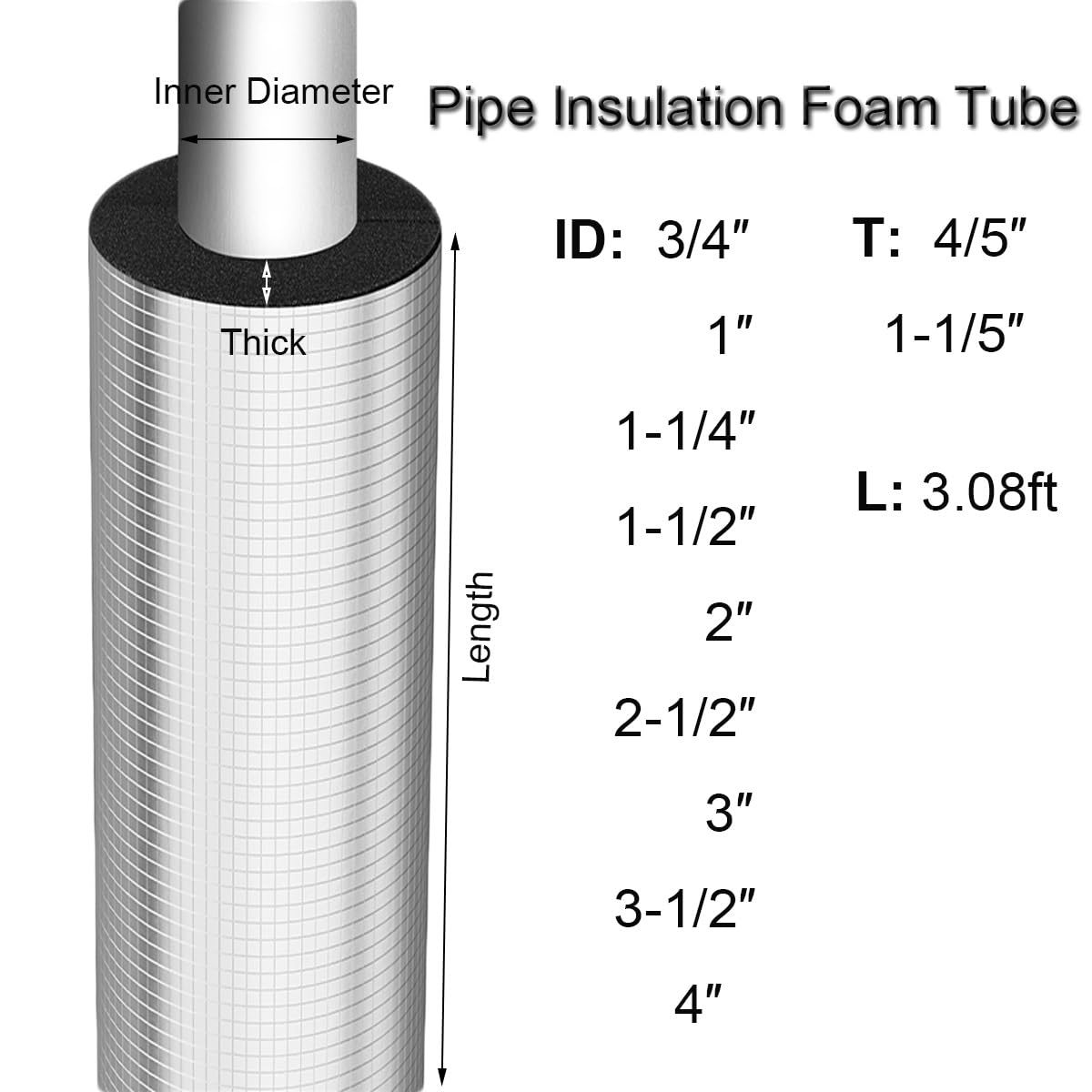 Tubo isolante autoadesivo in schiuma per tubi, diametro interno da 3/4 a 4 pollici, lunghezza 9 m, 1 confezione (ID 3/4 "x T 4/5")