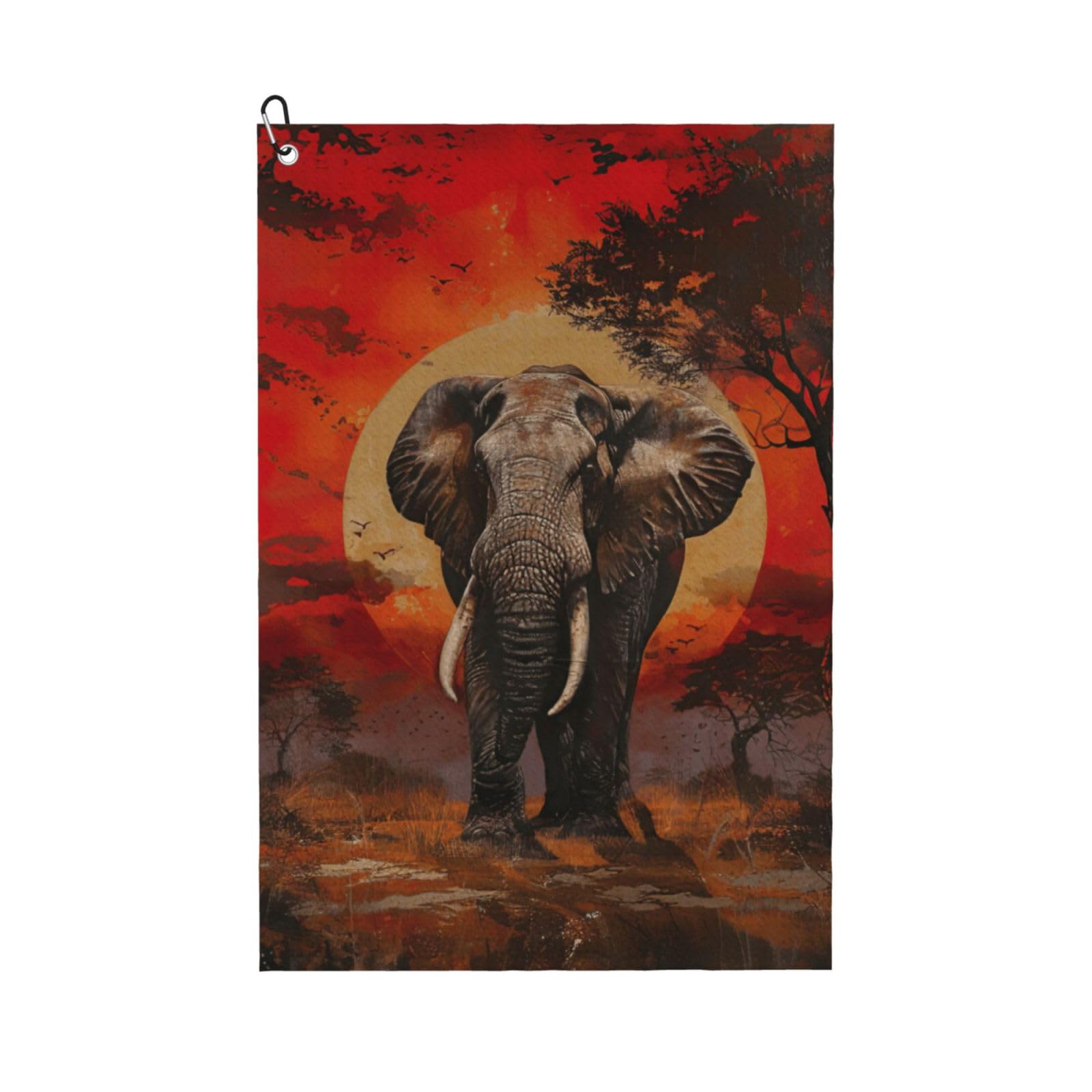 Anceky Elephant Sunset Print Golf Towel 24"X16" Microfiber Golf Cleaning Towel with Carabiner Clip for Golf Bags