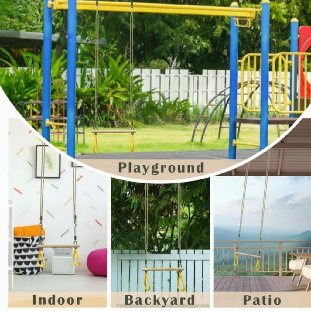 Leogreen Trapèze Balançoire en Bois avec Anneaux de Gymnastique, Jaune | 58*(120-200)cm, Charge maximale 150 kg, hauteur réglable, Barre de Traction de jardin extérieur pour Fitness
