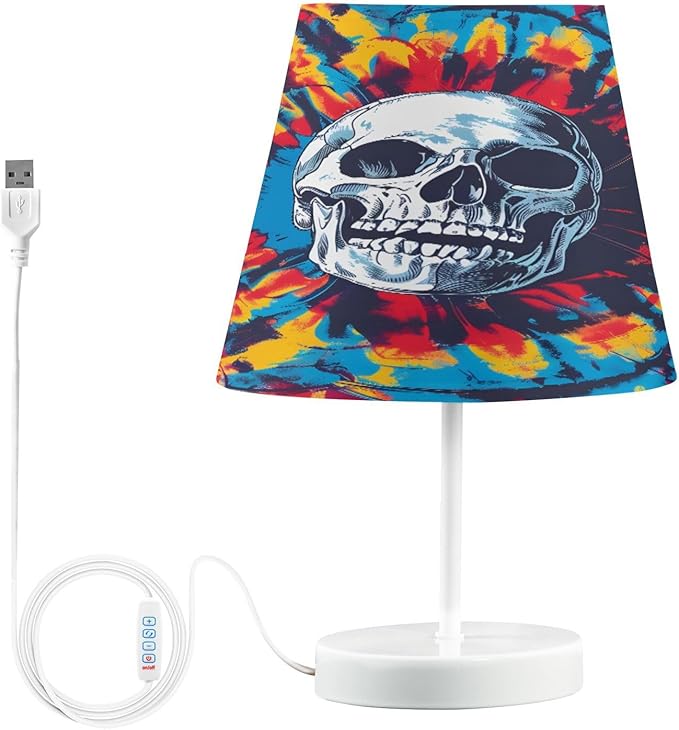 ALAZA Tie Dye Spiral Sugar Skull Decor Bedside Table Lamp with USB Port 3 Color Temperatures LED Desk Lamp for Bedroom Office M