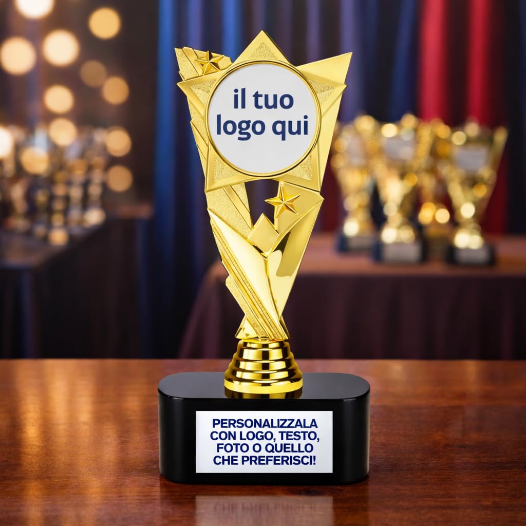 D&Vlab Trofeo Personalizzabile, Coppa in Oro 22cm, con Targhetta Personalizzata Inclusa, Premiazioni per Gare di Calcio, Basket, Volley, Eventi Sportivi, Fantacalcio, Caccia, Pesca, Bambini