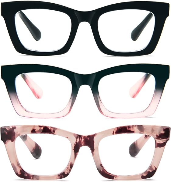 KoKoBin 3 Pack Oprah Style Reading Glasses for Women Blue Light Blocking, Cute Oversized Square Computer Readers Spring Hinge - 1