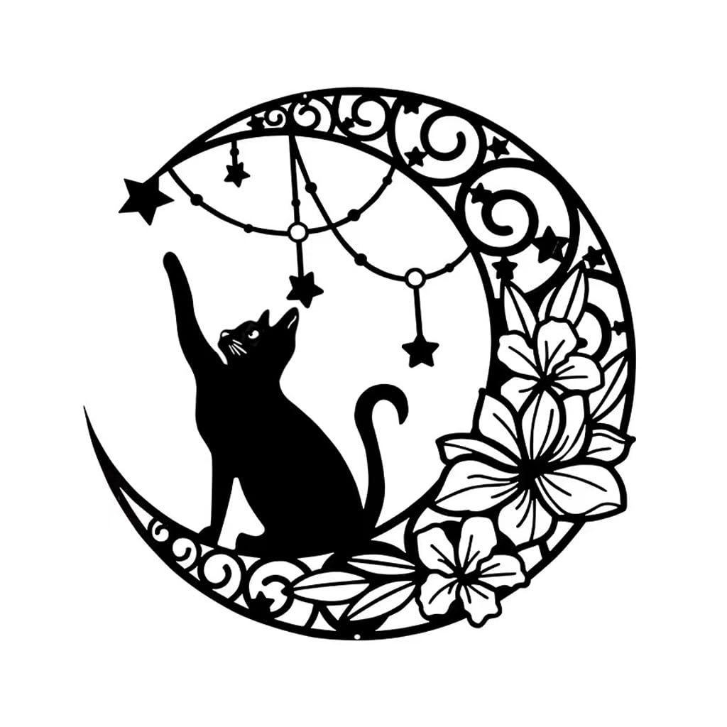 Gemseek 12 Inch Black Metal Cat Wall Decor, Cute Moon Cat Silhouette Wall Art Hanging Sculpture for Living Room Bedroom Bathroom Decoration Home