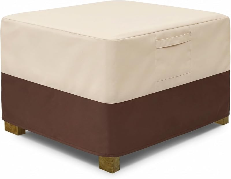 Vailge Rectangle Patio Ottoman Cover, Waterproof Outdoor Ottoman Cover with Padded Handles, Patio Side Table Cover, Heavy Duty Patio Furniture Covers (Small,Beige & Brown)