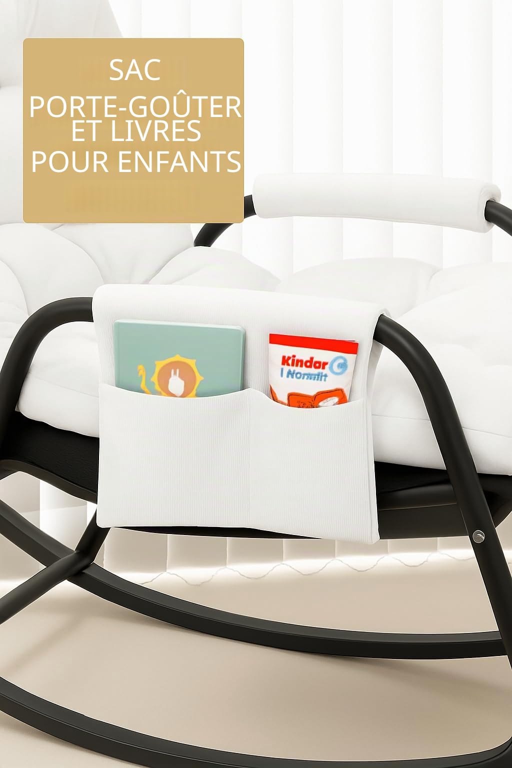 Chaise à bascule pour enfants 3 ans+ avec accoudoirs et poche latérale, structure en acier, repose-pieds réglable à 5 hauteurs, portée 250 kg, salon chambre à coucher blanc
