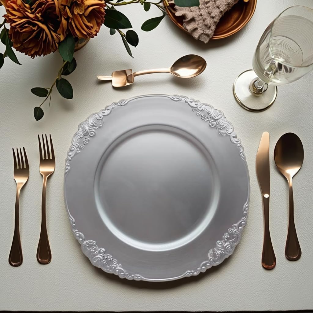 12pcs Silver Charger Plate, 13 Inch Silver Plastic Reusable Dinner Charger Plate, Round Vintage Table Decoration for Weddings, Parties and Festivals