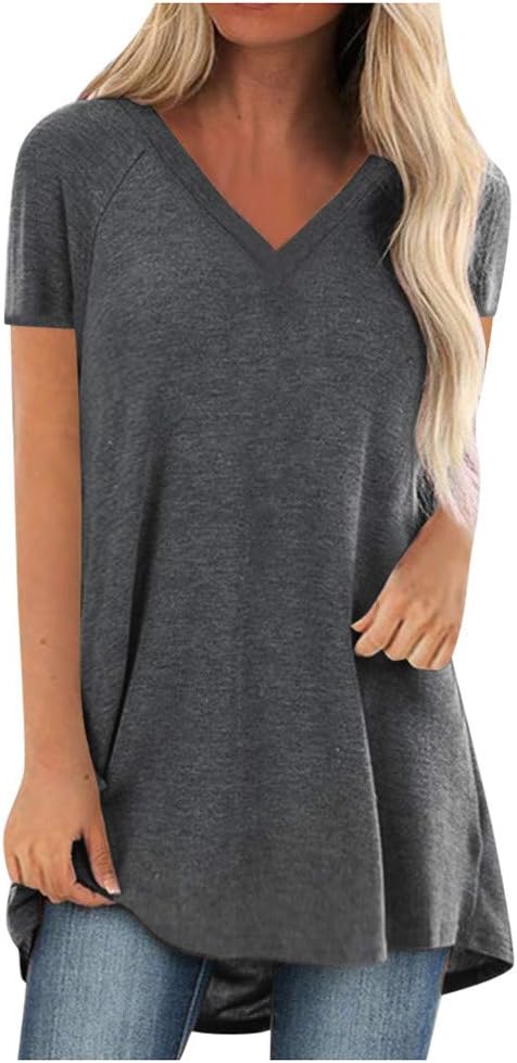 V Neck Longline T Shirts for Women UK Top Ladies Plus Size Casual T Shirts Solid Loose Pullover Top Blouse Short Sleeve Casual Tees Vintage Classic Sports Tunic Tops