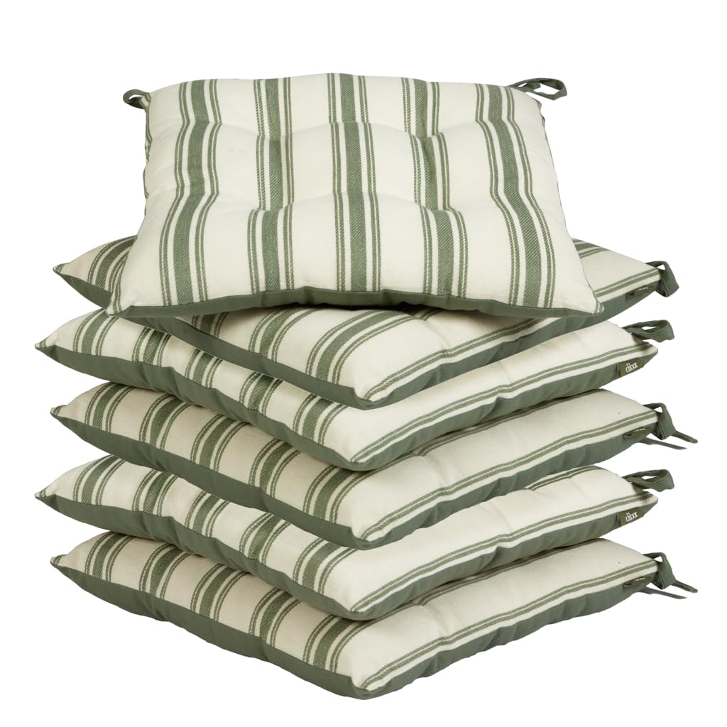 Dibor Dining Chair Seat Pad Set - 6 Tie On Chair Cushions (Green Stripe)