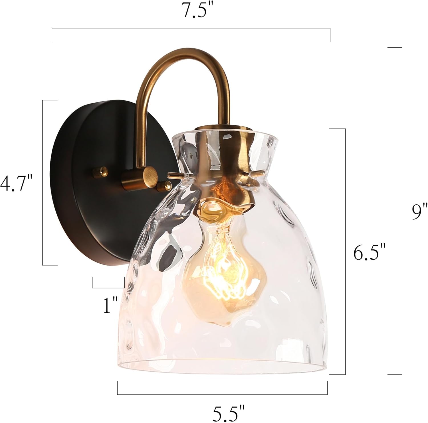KSANA Mid-Century Modern Wall Sconce, 1 Light Black and Electroplated Copper Sconce Wall Light with Textured Glass Bathroom Wall Lamps for Bedroom Living Room Kitchen