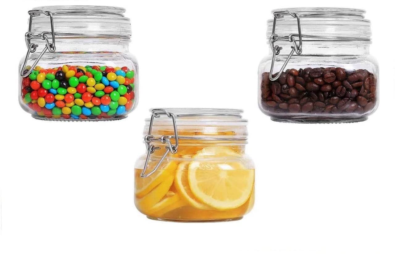 HomeBrilliant 500ml Glass Storage Jars with Clip Top Lid, Food Canisters with Airtight Lid, Clear Container with Wire Clip Fastening for Cereal, Pasta, Sugar, Coffee, Spices Set of 3