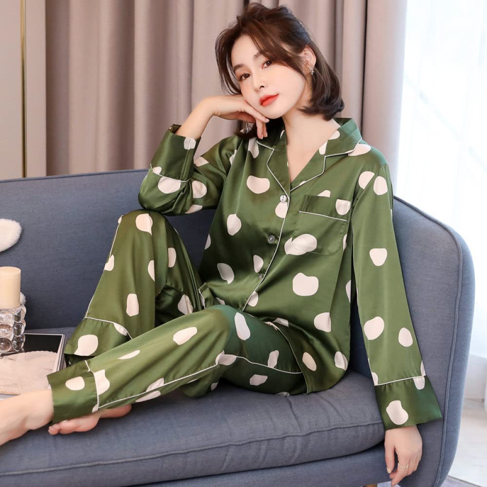 Sexy Schlafanzug Frauen,Damen-Pyjama-Sets Grüne Seidensatin-Revers-Knopftasche Unregelmäßiger Tupfendruck Kuscheliges Pyjama-Oberteil Mit Langen Ärmeln & Unterteile Set Lounge Wear Nachtwäsche