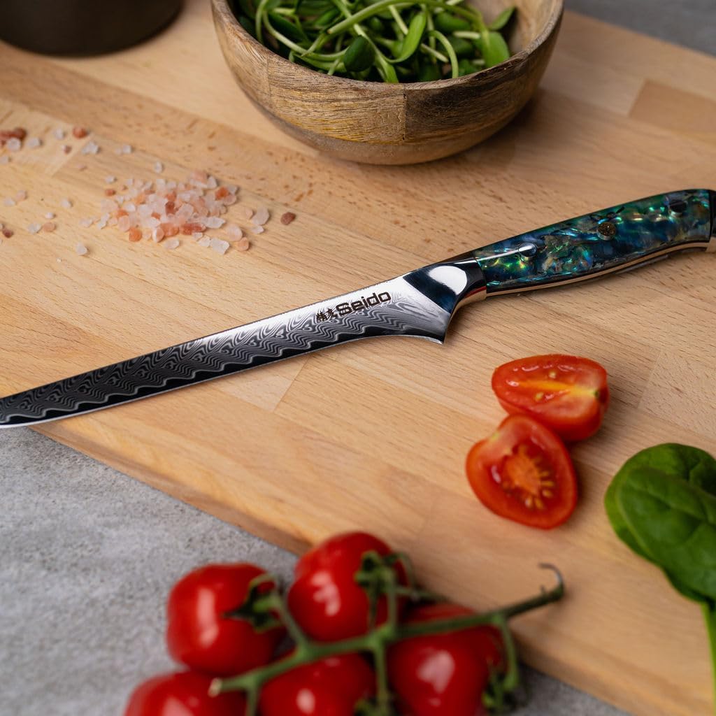 Seido Knives Awabi Damascus Chef Knife Set - Professional Damascus Stainless Steel Knives with Abalone Resin Handles, Full Tang Blades for Precision Slicing