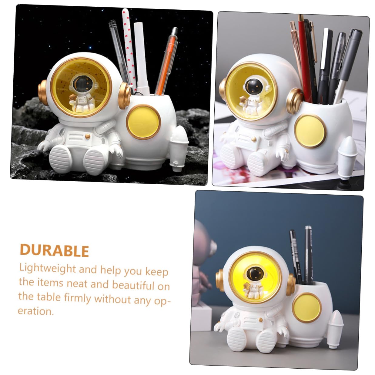 VILLCASE Portapenne Astronauta in Resina con Luce LED e Grande Capacità per Scrivania, Accessorio Desktop per Ragazzi e Ragazze