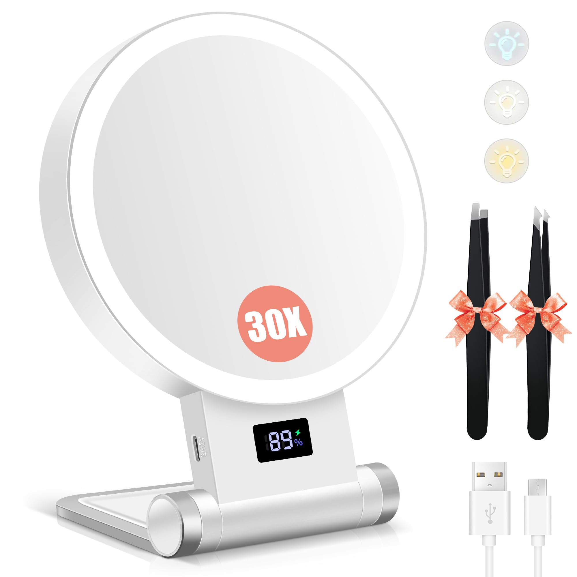 B Beauty Planet Magnifying Mirror with Light 30X, Double-Sided 1X/ 30X Magnifying Makeup Mirror with Tweezer,2000mAh 3 Color Modes with Adjustable Brightness, Foldable Compact Travel mirror(White)