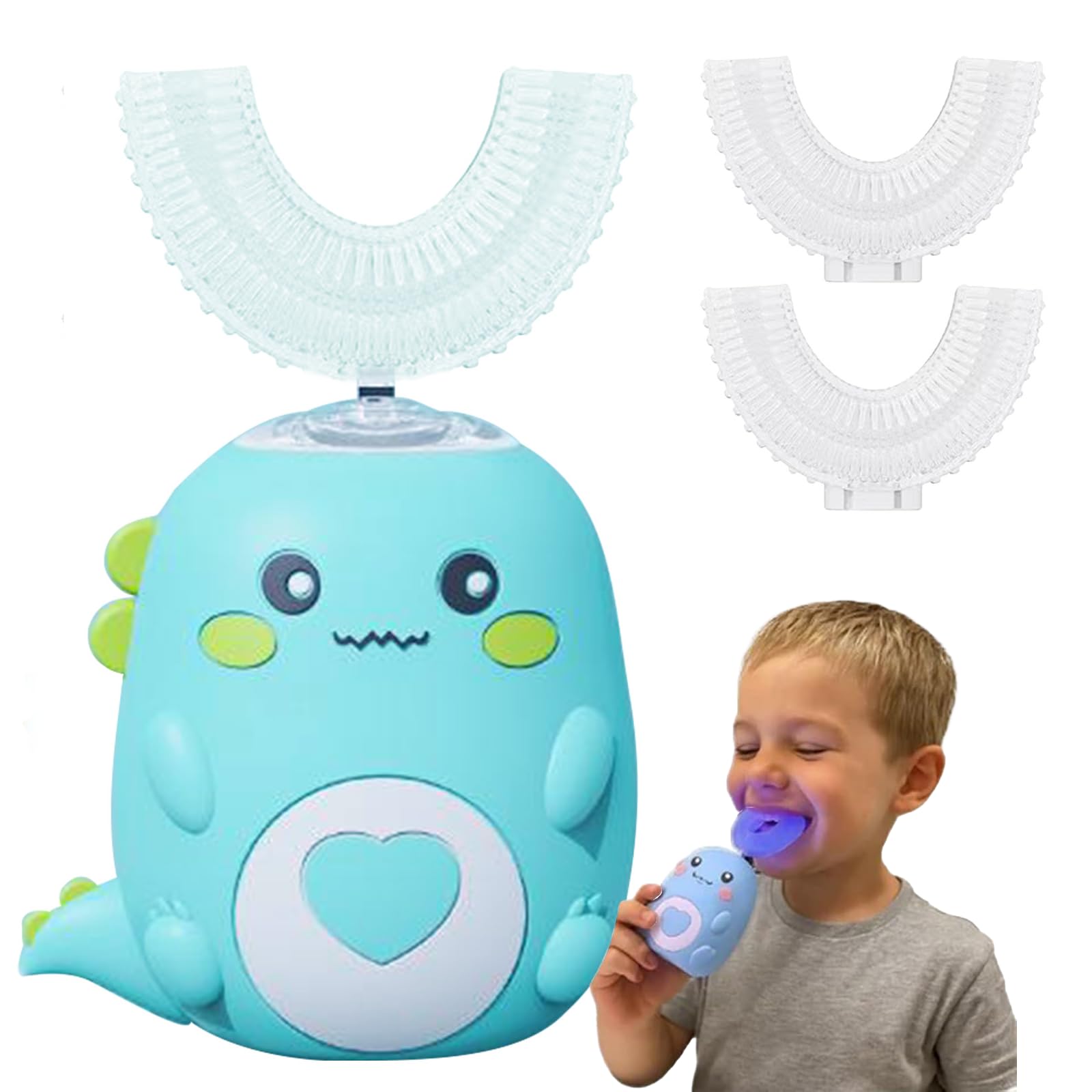 Cepillo de dientes ultrasónico de 360º para niños, cepillo de dientes eléctrico con 2 cabezales cepillo de silicona en forma de U, recargable e impermeable, para el hogar, viajes, uso (verde 6 ~ 12