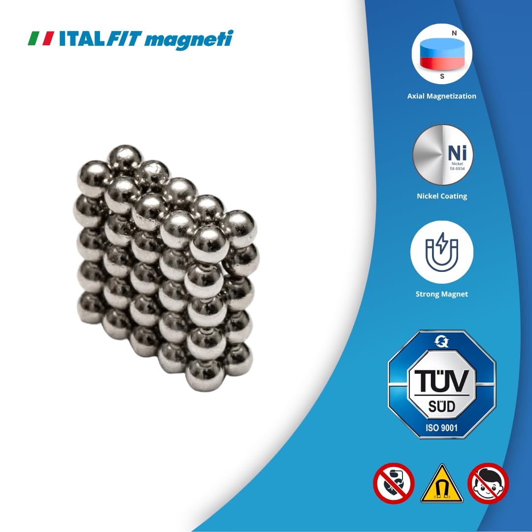 ITALFIT MAGNETI Set 300 Pezzi di Sfere Magnetiche - Sfera Neodimio 3mm - Forza 0,12 Kg - Palline/Sfere Magnetiche per Progetti Creativi - Calamite Forti - Palline Magnetiche 3mm Neodimio