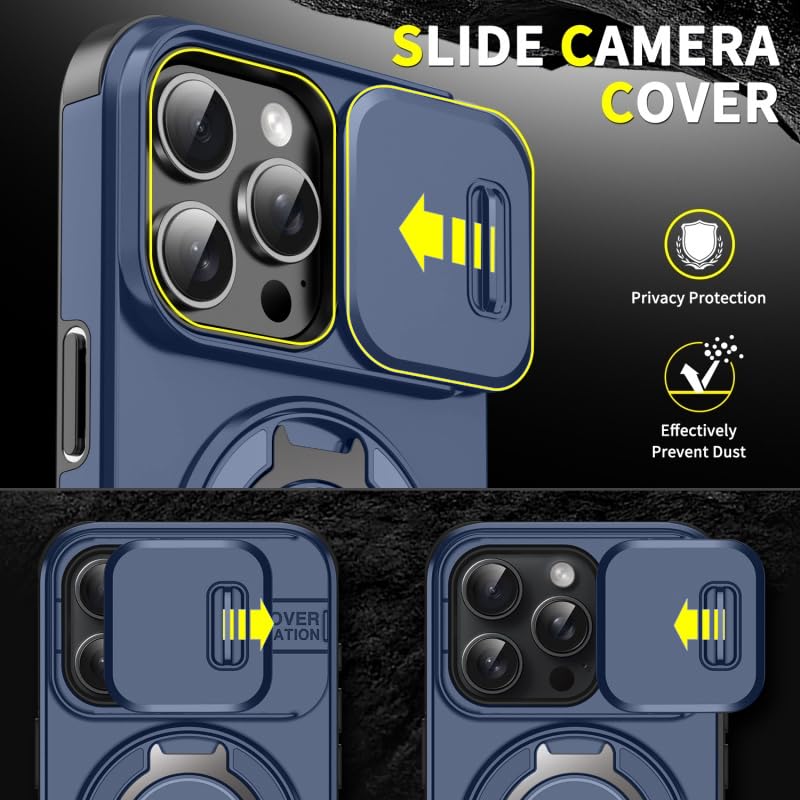 Image of LuxuryKase Shockproof Rugged Case for iPhone 16 Pro | Slide Camera Cover | 360 Rotating Ring Kickstand | Military-Grade Protection - Navy Blue