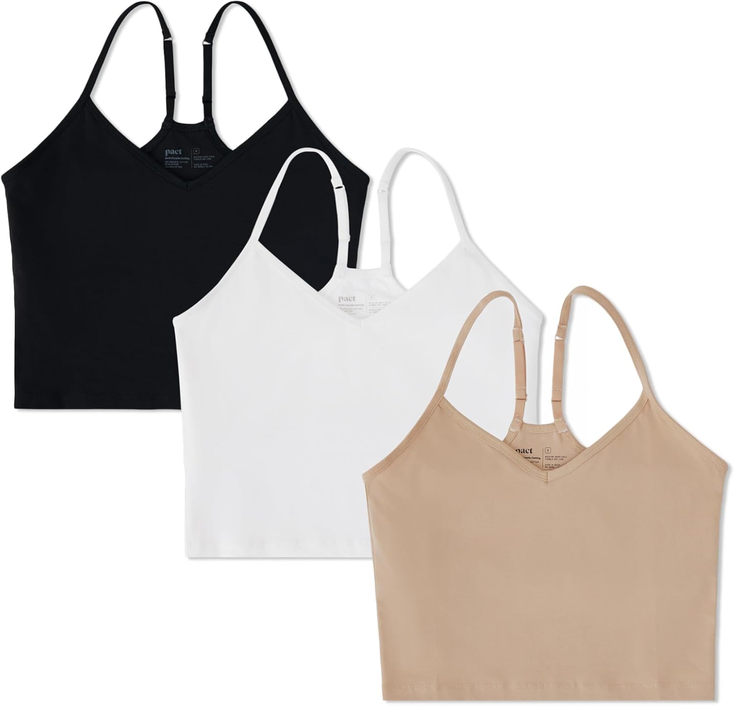 Pact Organic Cotton Women's Everyday Shelf Bra Cropped Camisole 3-Pack