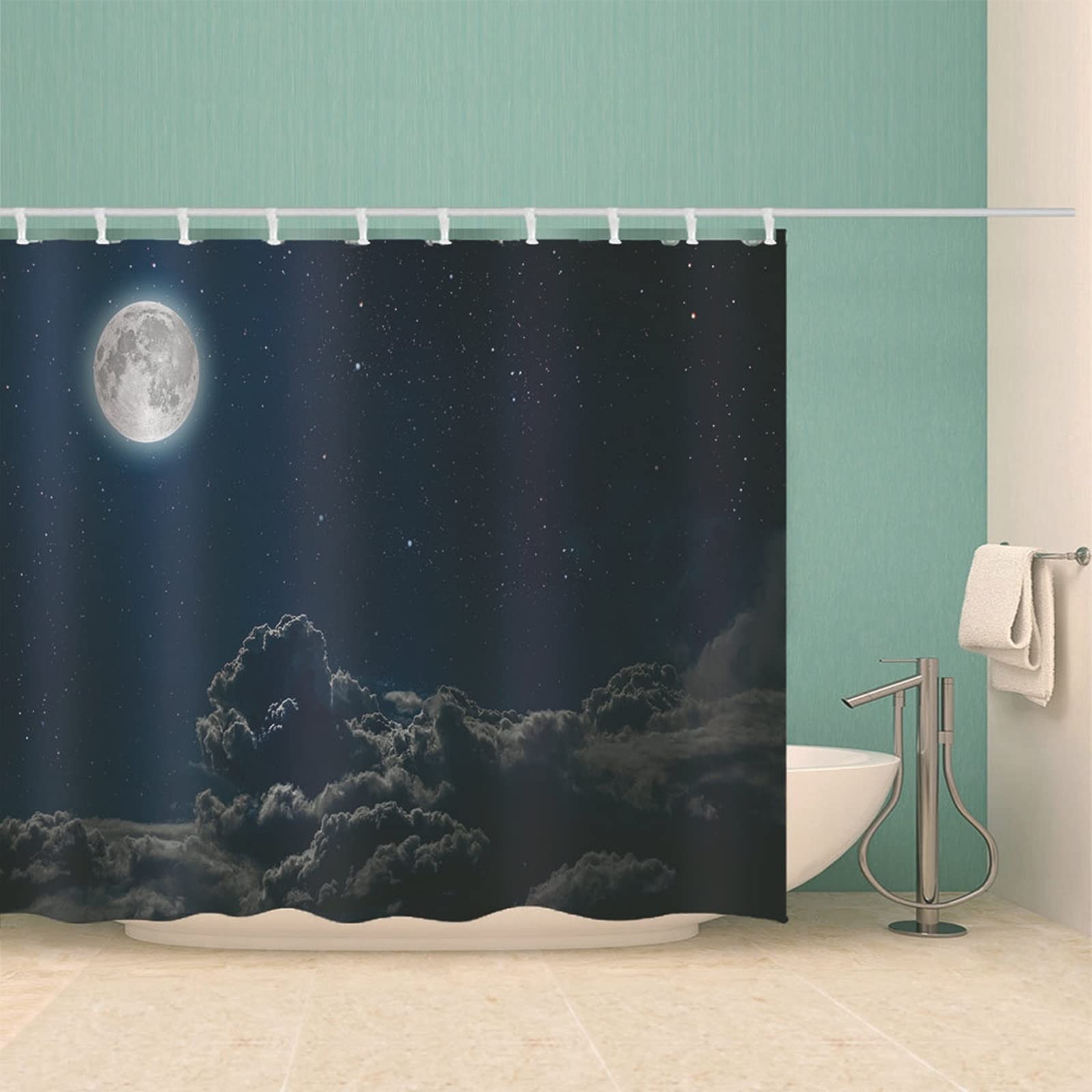 Tenda Doccia Nero Scuro Antimuffa per Bagni Tenda Doccia Angolare Poliestere con Ganci Tenda Doccia Cielo Notturno Stelle Nuvole, 120x180cm