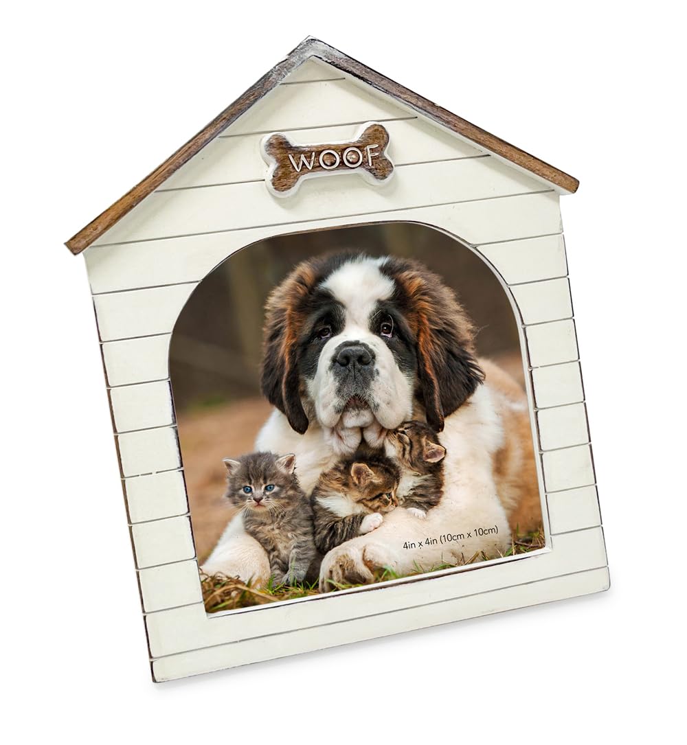 Isaac Jacobs 4x4 Natural Resin Sentiments Woof Doghouse Frame, Vertical Keepsake Photo Frame with Easel and Hanging Tabs for Tabletop, Desktop & Wall